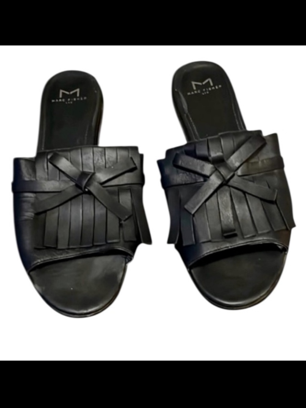 Marc Fisher Whitley Black Leather Woman’s Fringe Bow Slide Slip On Sandals 8.5